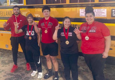 MEET MEDALIST- The Levelland High School varsity powerlifting teams competed in Brownfield last Saturday. Both teams finished fourth in the team standings. Pictured in no particular are Levelland medalist Nathan Rendon, second place; Xavier Espinoza, second place; Aiden Herrera, third place; Malaya Tienda, first place and Naylea Saucedo, second place. Not pictured is medalist Ethan Lozano. (Photo Courtesy of Cristal Isaacks)