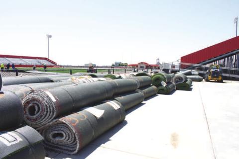 READY FOR INSTALLATION - Stacks of artificial turf await installation at Lobo Stadium during a field renovation project. The upgrade marks a significant investment in Levelland ISD's athletic facilities. (Staff photo by Trinity Bourdeaux)