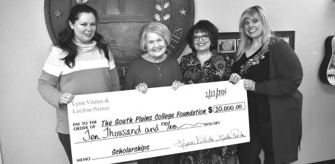 SCHOLARSHIP ENDOWMENT - The Serena Tayse Memorial Nursing &amp; LeeAnn Paxton Honorary Business Scholarship Endowment of $10,000 will support the education of South Plains College nursing and business students. Shown from left to right are SPC Director of Development and Alumni Relations Samantha Goldie, Lynn Vitatoe, LeeAnn Paxton, and SPC Assistant Director of Development Catherine Krueger. (Photo courtesy of South Plains College)