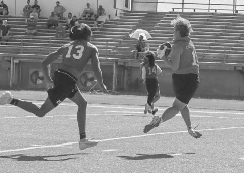 CATCH IN STRIDE - Levelland Lobo Kaden Brogden caught the ball in stride during the team’s 7 on 7 game against Estacado this Monday in Lubbock. Brogden continues to work on his receiving skills before heading into two-a-days in August. Before being injured last mid-season, Brogden solidifed himself as one of the top offensive threats for the Lobos. (Staff photo by Aalijah Soliz)