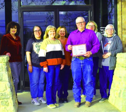 Ag Texas was selected as the winner of the Keep Levelland Beautiful annual Best Decorated Business of the month contest for the 2023 holiday season. Pictured from left ot right, back row are: Cristal Isaacks, Janie Morales, Tammy Franklin, Kelly Hancock; front row from left to right are: Leslie Borland and Doug Hoelsher. Awards were presented the week before Christmas.(Staff photo by Emily Campos)
