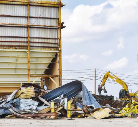DEMOLITION - Demolition of delapidated structures has been ongoing at ADM Southern Cotton Oil. Multiple structures on the property were destroyed following the devastating storm on May 29. (Photo courtesy of Emily Campos)