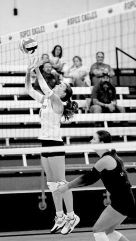 SEND IT OVER – Lady Eagle Brylee Lauderdale sent the volleyball over the net while Braedyn Reyna is ready to react during the match against Sterling City on August 12. The Ropes Lady Eagles opened the season at home. (Staff photo by Jentezen Smith)