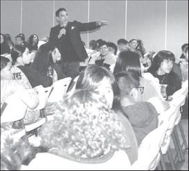 On Thursday at the Mallet Event Center at the Fall 2023 Career Exploration Events. In photo Gabe Salazar the Speaker at the event was the experiential speaker at the Event. Salazar ask the students what they wanted to do as a career there where many hands raised at event. (Staff Photo by Emily Campos)