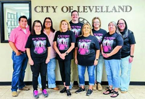 BREAST CANCER AWARENESS MONTH - The City of Levelland stff stand together to show their support for Breast Cancer Awareness Month. To learn more about the cause and how you can join in support, visit nationalbreastcancer.org. (Photo provided by Roxann Gonzales)