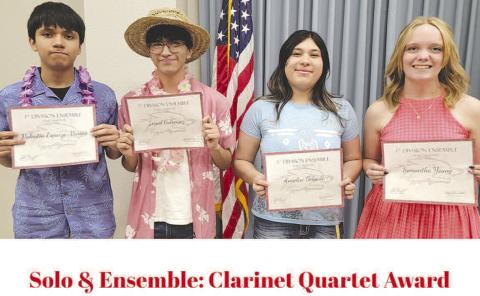 CLARINET QUARTET- Levelland High School clarinet quartet qualified for state in division I ensemble. Pictured from left to right are: Valentin Esparza Vargas, Israel Gutierrez, Annelise Delgado and Sam Young. (Photo Courtesy of Cristal Isaacks)