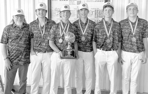 NINTH PLACE-The Levelland Lobos finished ninth at the 4A Region One Golf Tournament. Brenden Lawless shot 160 while Gabe Gibbs came in at 174. Gunner Barrera and Christian Wheeler both at 181. Max Vergara advanced to the 4A UIL State Golf Tournament set for May 22nd and 23rd at Legends Golf Course in Kingsland Pictured L-R are: Head Coach Stan Weatherred, Gabe Gibbs, Max Vergara, Brenden Lawless, Gunnar Barrera and Christian Wheeler. (Photo Courtesy of Cristal Isaacks)