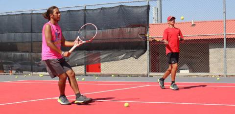 DOUBLES - Levelland athletes Michael Canon and Nathan Ellis were practicing at Levelland Tennis twoa- days. (Staff Photo by Aalijah Soliz)