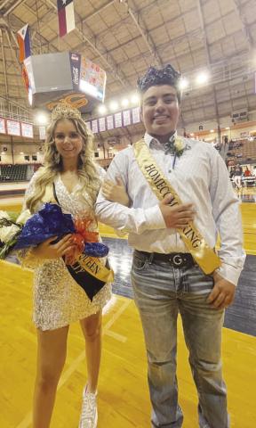 HOMECOMING - South Plains College announced Edgar Delgado (right) of Sudan and Kallie Ketchersid of Ropesville as the 2024 Homecoming King and Queen, respectively, during halftime at the Texans/Western Texas College basketball game on Feb. 15 in the Texan Dome. (Photo courtesy of SPC Student Life)