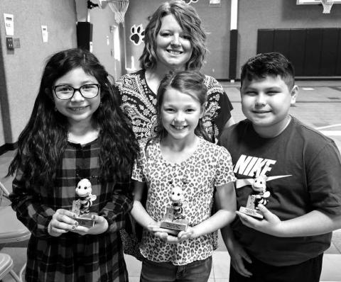SPELLING BEE - Capitol held their annual spelling bee today that started with 23 third and fourth graders. Fourth grader Brooklyn Escobar won the Capitol Bee by spelling the word nighttime. Fourth grader Micah Favor took home the Runner Up trophy and fourth grader Sebastian Romero was the alternate.. (Photo submitted by Cristal Isaacks)