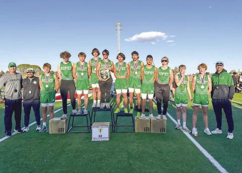 ONTO THE NEXT - The Ropes Eagles are the Area Champs this year as they get ready to move onto the Regional round for Track and Field. Pictured above are the players that are moving along with their coaches. (Photo courtesy of Ropes ISD)