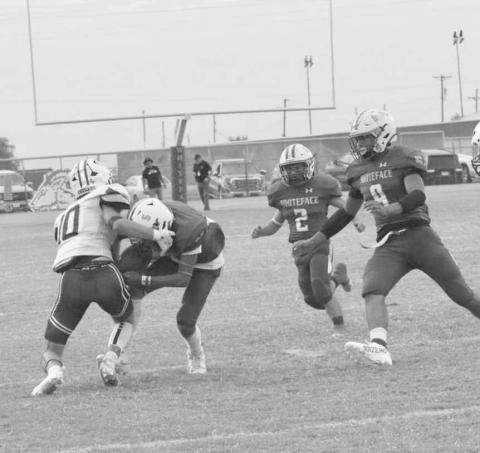 ONSIDE KICK - Whiteface Antelope Victory Borunda fought for a loose ball on an onside kick in a 74-28 home win over the Klondike Cougars last Friday in UIL six-man high school football action. Borunda came up with the ball and set up the score that put the Antelopes in the lead for good. Whiteface will host Elida, N.M. next Friday for homecoming at 7:30 p.m. (Photo by Holly Crutcher)