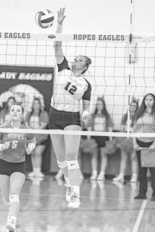 SPIKE - Ropes Lady Eagle Rylee Mcdaniel spiked the ball at the Lady Lope defense this past Tuesday night at home in the team’s big district win. (Photo courtesy of Donovan Martin)