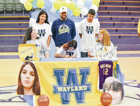 MANCIAS SIGNS WITH WAYLAND - Anton Lady Dawg Alyssa Mancias recently committed to Wayland Baptist to play collegiate basketball surrounded by her family and friends in the Anton High School gym. The Wayland Baptist Flying Queens play in NAIA Division 1 and are in the Sooner Athletic Conference. They finished 2026 at 12-16 overall and 11-11 in conference play. (Photo provided by Anton ISD)