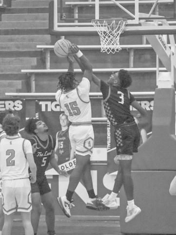 NOT AROUND HERE - Levelland Lobo Eryk Jones blocked the Monterey Plainsmen’s shot this past Thursday at Frenship High School. (Staff photo by Aalijah Soliz)