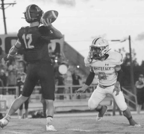 UNDER PRESSURE - Whiteface’s Cash Crutcher was a terror in the Happy Cowboys’ backfield all night in a 58-38 road win for the Antelopes on Sept. 6. The fourth ranked Antelopes hosted Boys’ Ranch last night and will host no. 14 Klondike next Friday at 7:30 p.m. (Photo by Holly Crutcher)