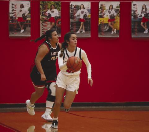 SPEED - Levelland Loboette Carly Tienda had the ball on the teams fastbreak to get an easy bucket against the Brownfield Lady Cubs. (Staff photo by Aalijah Soliz)