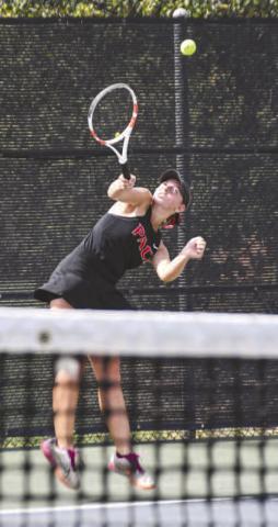OVERHAND SERVE – LHS Tennis Packs Teagan Brothers performed her overhand serve during a tennis match against All Saints on August 12 at the Burgess-Rushing Tennis Center in Lubbock. (Staff photo by Jentezen Smith)