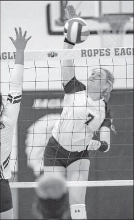 SPIKE - Ropes Lady Eagle athlete Stratton Schertz spiked the ball in the teams great win this past Tuesday against Talkington. (Photo courtesy of Donovan Martin)