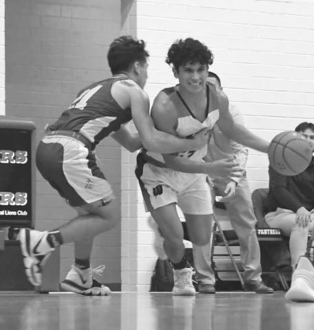PHYSICAL - Panther Nomar Gomez tried to get past Whiteface’s Noah Rendon in a 45-34 home win for the Whitharral Panthers in UIL District 7-1A High School Boys’ Basketball action on January 9. The Panthers will be in Meadow on Friday at 7:30 p.m. while Whiteface travels to Morton for an 8 p.m. game. (Photo by Keegan Edwards)