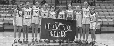 BI-DISTRICT CHAMPS - The Whiteface Lady Lopes won in their first round of playoffs after beating the Iraan Lady Braves at Andrews High School. Pictured above is the team Anais Soliz, Tymmyah Olenga, Abi Soliz, Jaedyn Rector, Kambry Sanders, Lainey Sanders, Hannah Blankenship, Emily Blankenship, Kami Nunn and Kaylee Gonzalez. (Photo courtesy of Holly Crutcher)