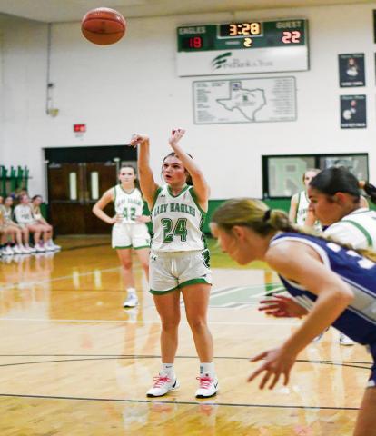 LESTER AT THE LINE - Ropes sophomore Rylie Lester shoots a free throw for the Lady Eagles during their basketball game against Olton this past Tuesday at Ropes High School. Lester would finish with a stat line of five points, four rebounds, one assist and one steal. (Staff photo by Jentezen Smith).