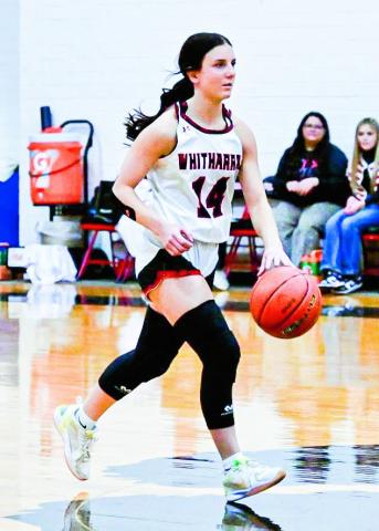 BRING IT UP - Whitharral junior Paige Smith dribbles the basketball up the court during the Lady Panthers game against Spur this past Tuesday night at Whitharral High School. Smith led the Lady Panthers with 18 points scored, adding seven assists, three steals and a block. (Photo provided by Jamie Will Kristinek Facebook)
