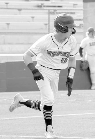 HEADED TO FIRST- The Ropes Eagles lost to Hawley two games to none in the UIL Regional High School Baseball Semifinals Thursday and Friday in Midland. The Eagles’ end their season as district runners-up, bi-district champions and regional quarterfinal champions. Eagle hitter Branson Beck hustled down the baseline on his way to first base. (Staff Photo by Dom Puente)