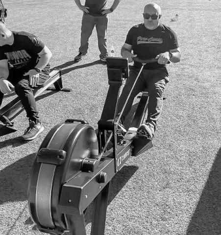 - The Levelland Police Department conducted their bi-annual fitness exam test Monday morning at Lobo Stadium. Pictured is Police Chief Albert Garcia testing on the row machine. The department put in place a fitness program in recent years to monitor and gage the health of its department personnel. Chief Garcia has explained in the past that the physical and mental health are equally important for his department with the demands of the job. (Photo courtesy of Mateo Lopez)