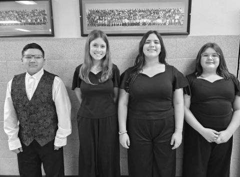REGION CHOIR MEMBERS - Levelland Middle School Choir students Alberto Barrera, M.J. Niederhauesr, Paula Castellanos and Zaraline Rodriguez sang in the middle School Region Choir last week competed in the Region Contest last week . Choir Director Joshua Ballard said, ‘At the end of the day they performed an awesome concert.” (Photo submitted by Cristal Isaacks)