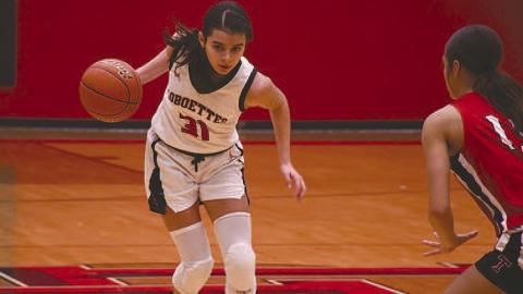 OFFENSE SET UP- The fifth ranked Levelland Loboettes rolled out the welcome mat for the 15th ranked Tacosa Lady Rebels Friday. Loboette Leilani Sanchez set up the offense as she stared at a Tascosa defender. (Staff Photo by Dom Puente)