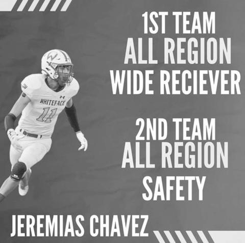 Whiteface Antelope Jeremias Chavez earned himself 1st Team All-Region Wide Receiver and 2nd Team Safety due to his great play on the field during this past football season. He helped his team earn an 11-1 record this past year with the teams only loss coming from the Borden County Coyotes in the second round of playoffs in Slaton. (Photo courtesy of Jay Kelley)