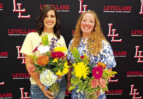 CAMPUS EDUCATORS- Superintendent McCutchen, the LISD Board of Trustees, and Levelland ISD held their annual End-Of-Year Recognition Meeting and awarded many LISD Educators. Campus Educatorsof the year were awarded, and Morgan Combs won the Elementary Teacher of the Year while Merribeth Gregory won the Secondary Teacher of the Year. They will go on to compete at the Region level and perhaps State. (Photo courtesy of Cristal Isaacks)