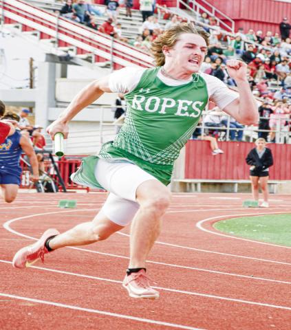 LEADOFF LEG - Ropes’ Zayden Pittman leads off the 4x100meter relay for Ropes this past Friday at the District Championships at Sundown High School. The relay would place first with a time of 43.57. (Staff photo by Jentezen Smith)