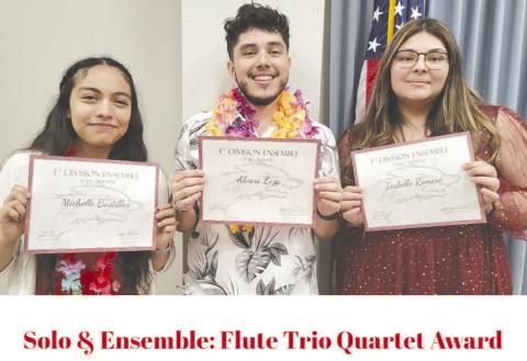 FLUTE TRIO- Levelland High School flute trio qualified for state in division I ensemble. Pictured from left to right are: Michelle Bustillos Alvaro Loza and Isabelle Romero. (Photo Courtesy of Cristal Isaacks)