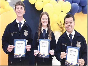 FFA SENIOR SCHOLARSHIPS— Levelland ISD held their FFA end of year honors banquet this past Tuesday. Pictured are Gunnar Barrera, Sage Barerra and Victor Reyes. (Levelland ISD photo)