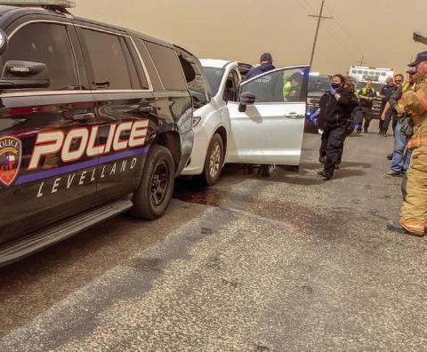 LIMITED DAMAGE - On Friday, March 14, Levelland Police Officer Moody responded to a critical call for service — a van traveling down Alamo Road southbound at an unsafe speed due to brake failure. With strong winds making the situation even more dangerous, the risk to the driver, the passengers, and others on the road was extreme. Without hesitation, Officer Moody put himself in harm’s way, positioning his marked patrol unit in front of the van to bring it to a safe stop. While both vehicles sustained minor 