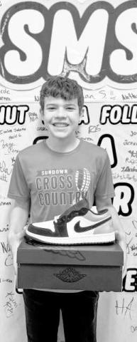 SHOE DRAWING - Pictured is Sundown ISD Seventh Grader, Kyle Berry who was the winner of the shoe drawing. Berry participated in the blanket fundraiser held by the entire seventh grade, selling 38 blankets. The Sundown ISD seventh grade blanket fundraiser achieved over $8,200 in profit (Photo courtesy of Sundown ISD)