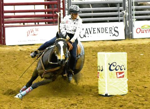 BARREL RACING - The ABC Professional Rodeo came to Levelland this past weekend and competed in the Mallet Event Center. Pictured above is the barrel racing competition. (Staff photo by Lynda Work)