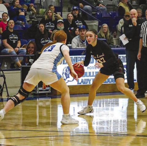 ONE ON ONE - Levelland Loboette Presley Smith went head to head against the Decatur Lady Eagle this past Friday night at Stamford for the team’s last game of the season. (Staff photo by Aalijah Soliz)