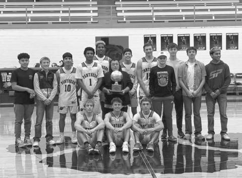 DISTRICT CHAMPS - The Whitharral Panthers earned their second straight district championship this past Tuesday night after beating the Wellman-Union Wildcats 98-29 at home. Pictured above are the Panthers holding their trophy after going undefeated in district play. The Panthers Bi-District Round of playoffs are against the Sands Mustangs at Roosevelt High School in Lubbock. (Photo courtesy of Whitharral ISD)