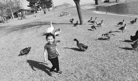 ENJOYING THE DUCKS- Victoria Renteria and her mom Eva Rveda where visiting the ducks on Wednesday at the Brashear Lake feeding them and walking around with them and enjoying each other mom and daughter time. pictured is Victoria Renteria.(Staff photo by Emily Campos)