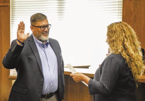 COCHRAN COUNTY SHERIFF - Pictured is Jody Guerra being sworn-in as the new Cochran County Sheriff on Saturday. Cochran County Justice of the Peace Savannah Cavezuela administered the Oath of Office. Guerra is taking over for Interim-Sheriff Scott Prothro after former Cochran County Sheriff Jorge de la Cruz passing in November. (Staff photo by Dom Puente)