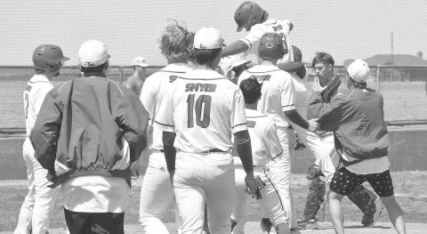BIG WIN- The Smyer Bobcats celebrated 7-6 win over the Sundown Roughnecks from a three RBI walk-off single by Kaden Price in the bottom of the seventh inning in UIL District 4-2A high school baseball action last Friday. Smyer will be in Post on Saturday while Sundown will host Tahoka. Both games are a 11 a.m. (Photo Courtesy of Jay Kelley)