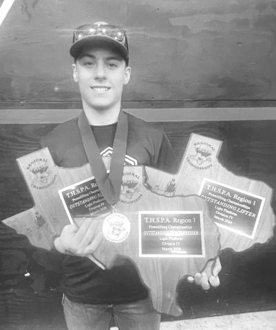 REGIONAL CHAMP - Cash Crutcher from Whiteface is a State Qualifier as he set new record in three different categories for his 114lb weigh class with a 420lb squat, 315lb bench and new total with 1055 lbs to become the regional champion. He was also named Outstanding Lifter on Light Weight Platform. He will be competing at State on March 23, in Abilene. (Photo submitted by Holly Crutcher)