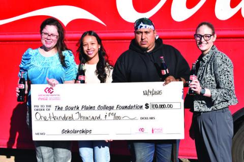 FIRST-GENERATION- Arca Continental Coca-Cola Southwest Beverages awarded South Plains College $100,000 of scholarship funding to support 20 first-generation college students. Pictured from the left are SPC’s Samantha Goldie, scholarship recipients Julia Posadas of Sundown and Robert Abeyta of Littlefield, and SPC’s Ashley Davis. (SPC Photo)