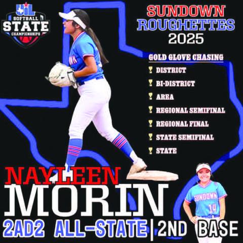 ALL-STATE SECOND BASE - Sundown Roughettes Nayleen Morin was named 2AD2 All-State Second Base following the 2024-2025 softball season. (Photo courtesy of Sundown ISD)