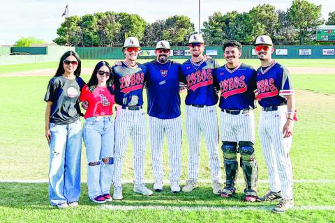 SENIOR NIGHT— Levelland baseball celebrated its senior night this past Friday at home. Pictured in no particular order Jacob Swain, Kade Pemberton, RJ Mireles, Boston Winfield, Lavannah Simental, Alianna Cervantez and Head Coach Chris Portwood. (Staff photo by Jentezen Smith) ( See pg. 8 “Lobo’s battle”)