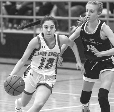 Ropes Lady Eagle Kandis Rodriguez blew past her defender last Friday night during the teams contest against the Lady Leapords. (Photo courtesy of Donovan Martin)