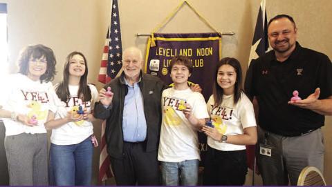 DUCKPLUCK --LHS YELL students spoke about their upcoming DuckPluck fundraiser at the Levelland Noon Lions Club. The YELL students started DuckPluck several years ago to raise money for YELL scholarships, and they’re working again this year to fund scholarships for next year’s seniors. The DuckPluck will be held on May 14. Purchasing a duck pluck offers a chance to win up to $750 in cash. The Noon Lions Club purchased 100 tickets to kick the fundraiser off. (Levelland ISD photo)